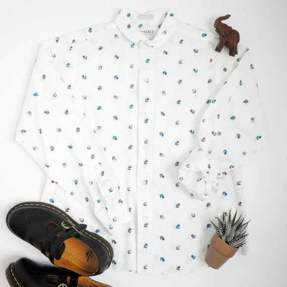 Ms. Sero Tops - Vintage Embroidered Flower Round 70's Collar Shirt